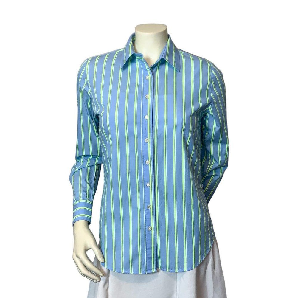 The Shirt by Rochelle Behrens The Icon Shirt in Blue & Lime Green Stripe Size S